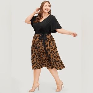 Print Contrast Belted Ruffle Sleeve Patchwork Dress - Size 10/Medium